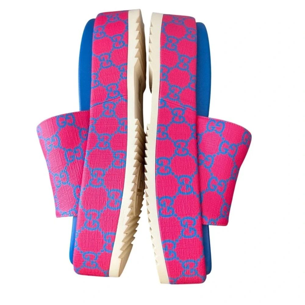 Gucci GG Supreme Angelina Platform Sandals Pink Blue Slides Size‎ 37.5/7.5 US